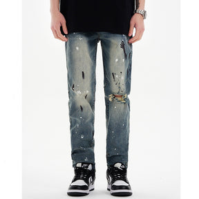 Men's Casual High Street Ins Trend Splash Ink Graffiti Retro Straight Ripped Jeans