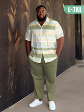 Men's Plus Size Green Color Matching Short-Sleeved Walking Suit