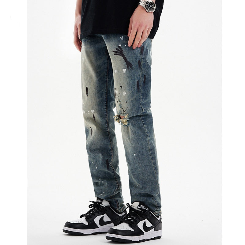 Men's Casual High Street Ins Trend Splash Ink Graffiti Retro Straight Ripped Jeans