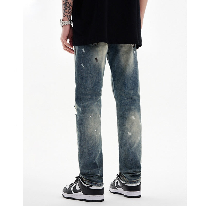 Men's Casual High Street Ins Trend Splash Ink Graffiti Retro Straight Ripped Jeans