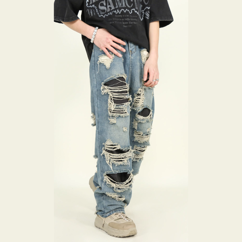 American high street holes design loose straight Jeans