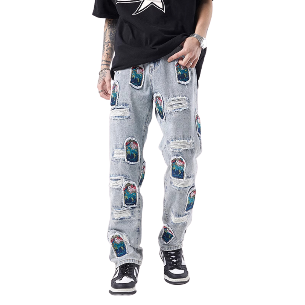 High Street Patch Embroidery Ripped Jeans