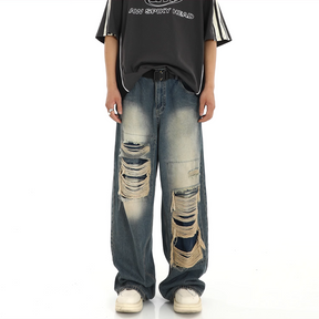 American High Street Loose Straight Patch Ripped Jeans