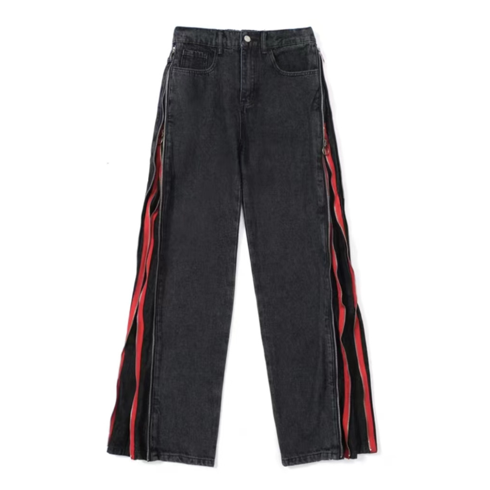 Simple Side Double Zipper Panel Jeans