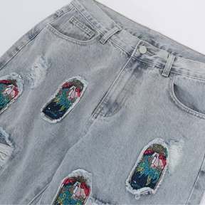 High Street Patch Embroidery Ripped Jeans