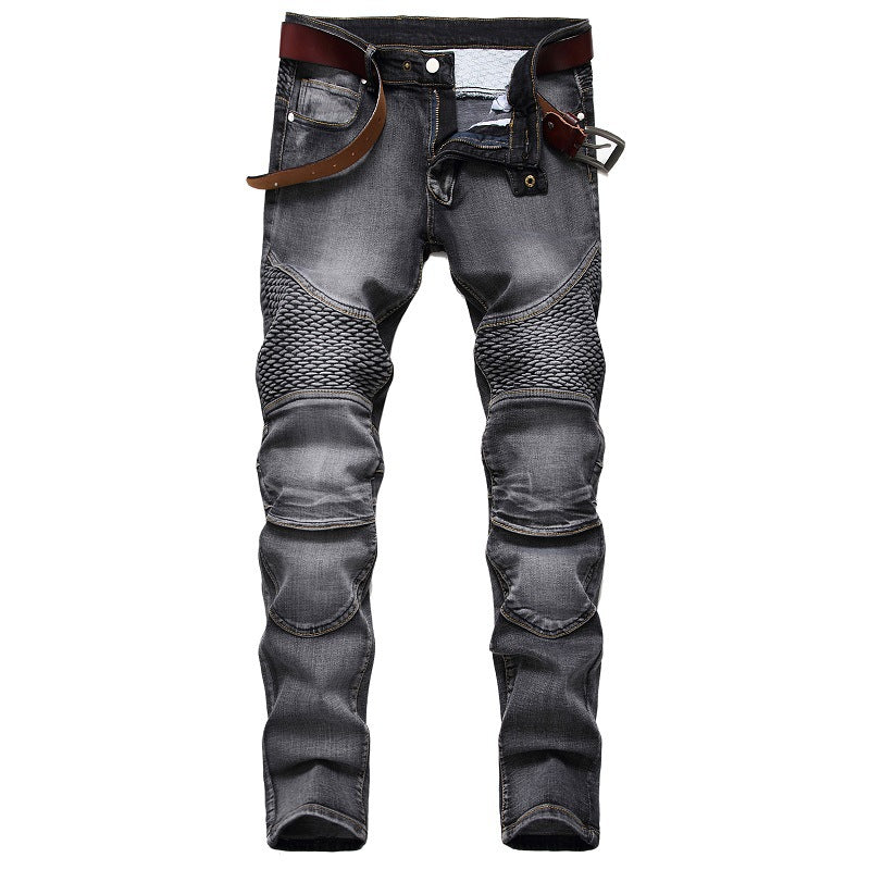 Denim Straight Jeans For Men Riding Knee Guard Pants