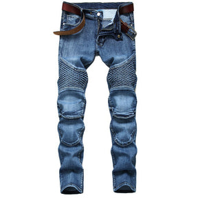 Denim Straight Jeans For Men Riding Knee Guard Pants