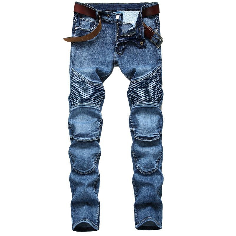 Denim Straight Jeans For Men Riding Knee Guard Pants