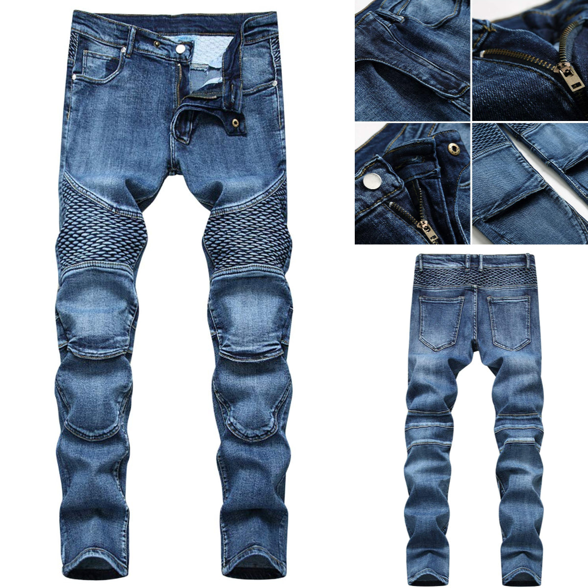 Denim Straight Jeans For Men Riding Knee Guard Pants