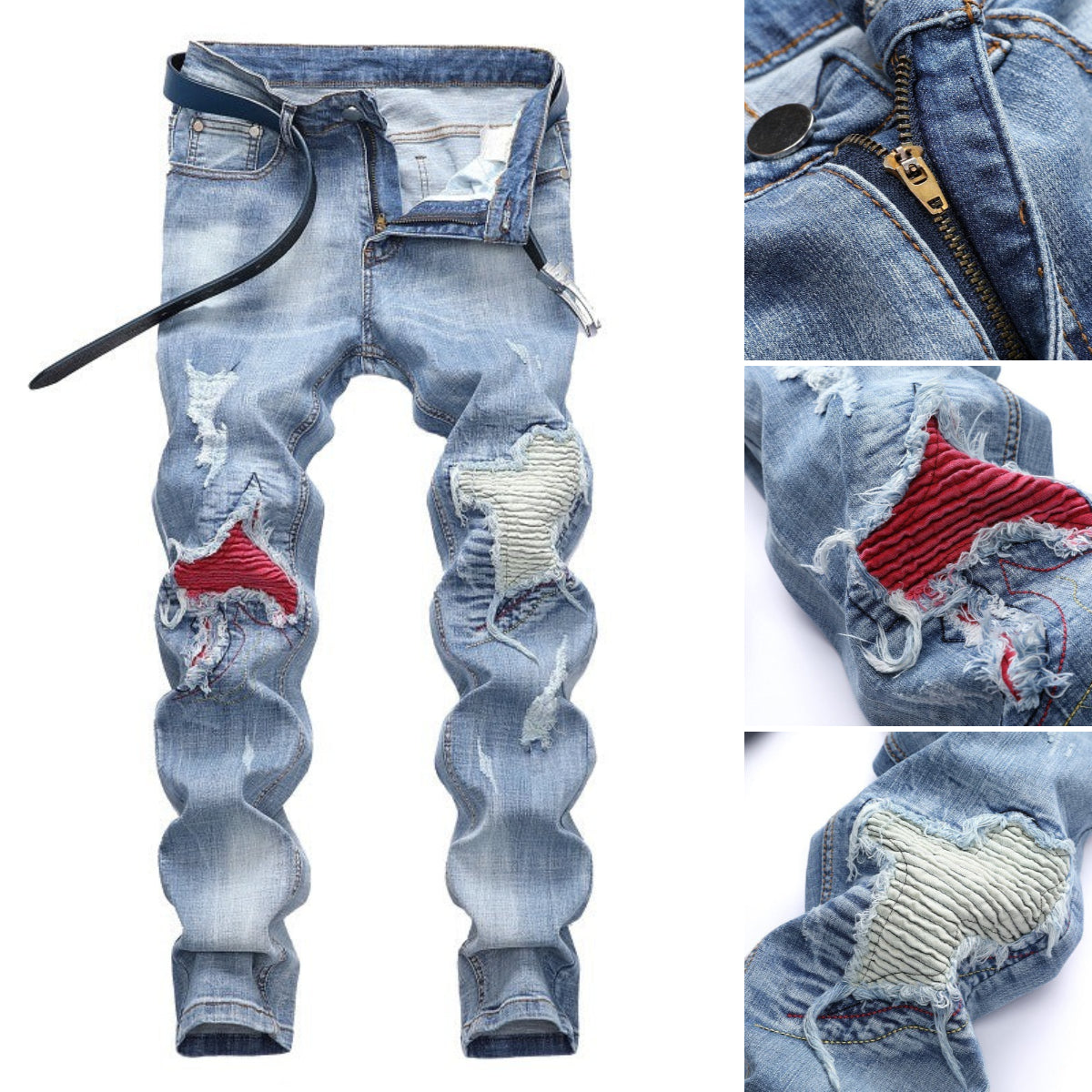 Men's Straight Denim Pants Ripped Biker Jeans