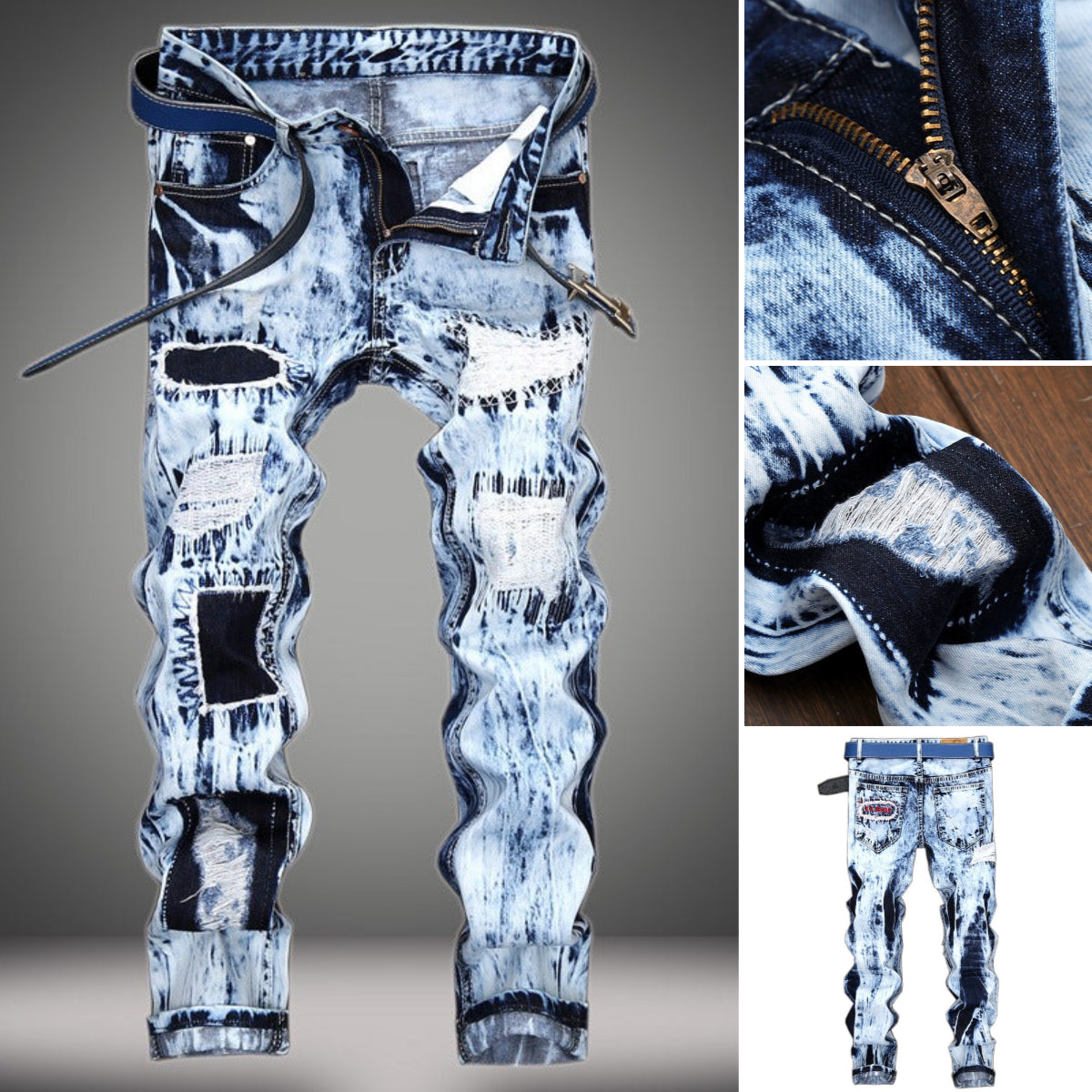 Men's Ripped Patchwork Jeans Slim Fit Denim Pants