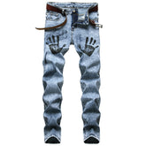 Men's Streetwear Printed Vintage Washed Stretch Jeans