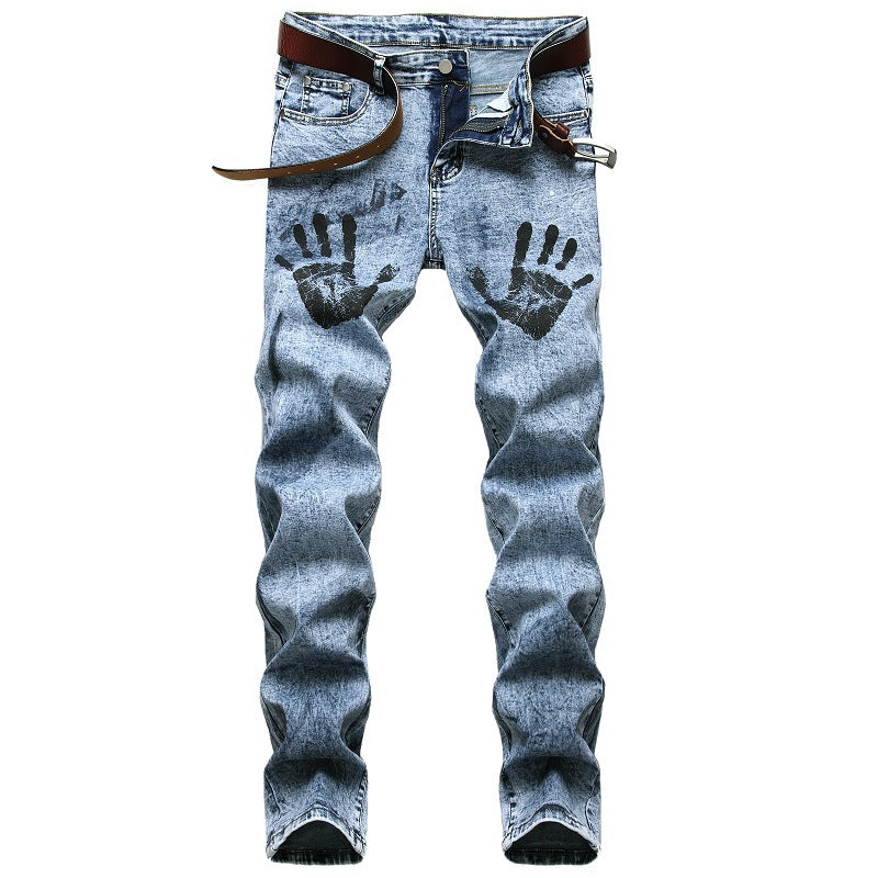 Men's Streetwear Printed Vintage Washed Stretch Jeans