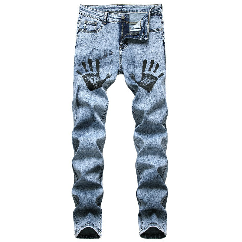 Men's Streetwear Printed Vintage Washed Stretch Jeans