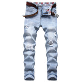 Men's High Street Ripped Cotton Straight-Leg Light Blue Jeans