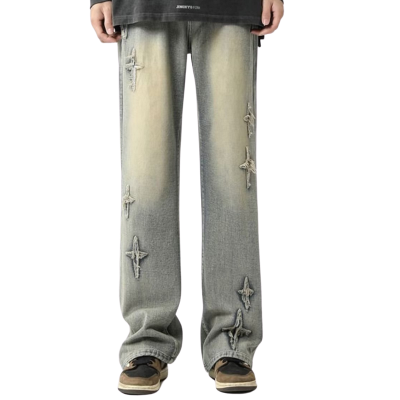 High Street Stars Embroidery Distressed Jeans