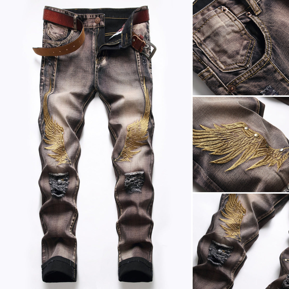 Men's Street Jeans Embroidered Wings Denim Trousers