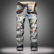 Men's Slim Fit Straight Badge Distressed Ripped Jeans