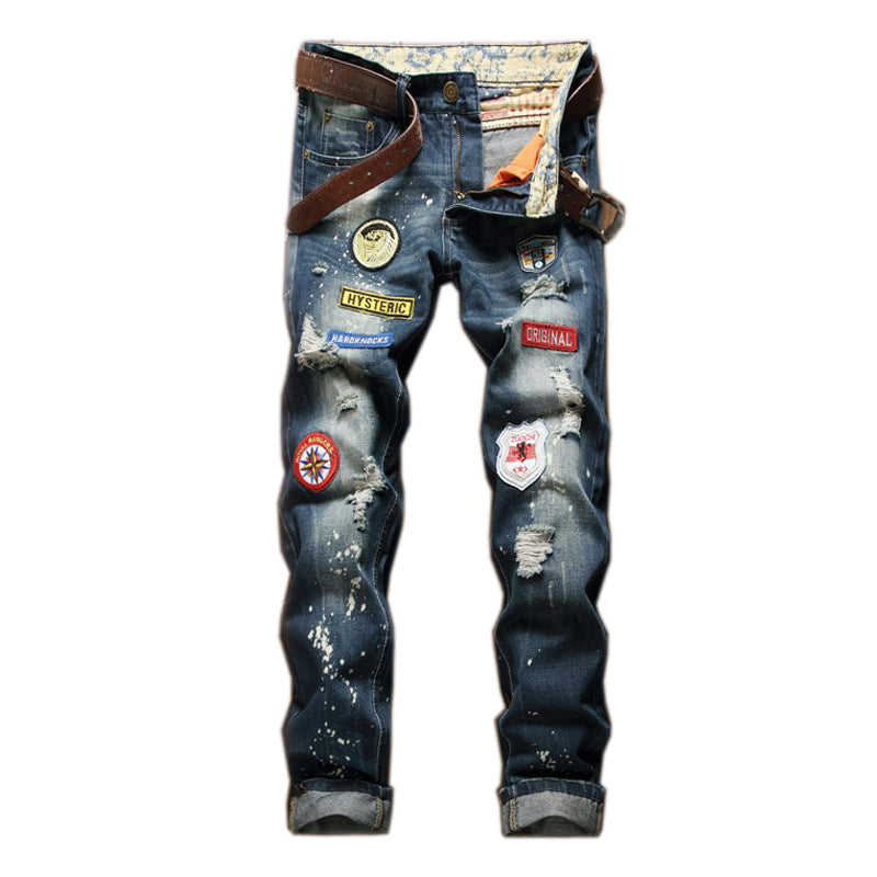 Men's Retro Ripped Jeans Badge Straight Leg Pants