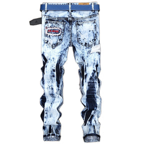 Men's Ripped Patchwork Jeans Slim Fit Denim Pants