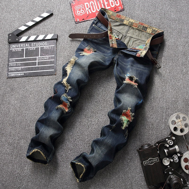 Men's Ripped and Painted Jeans Straight Pants