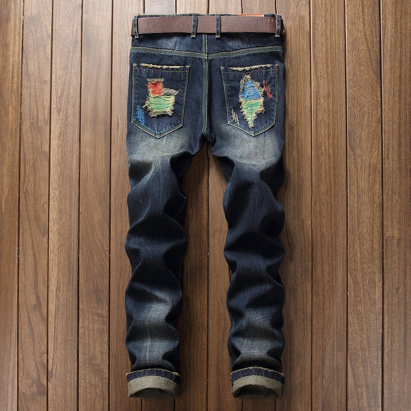 Men's Ripped and Painted Jeans Straight Pants