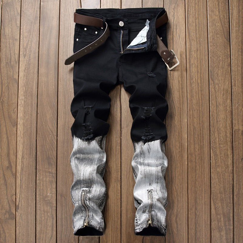 Men's Straight Jeans With Lacquered Zipper Hem