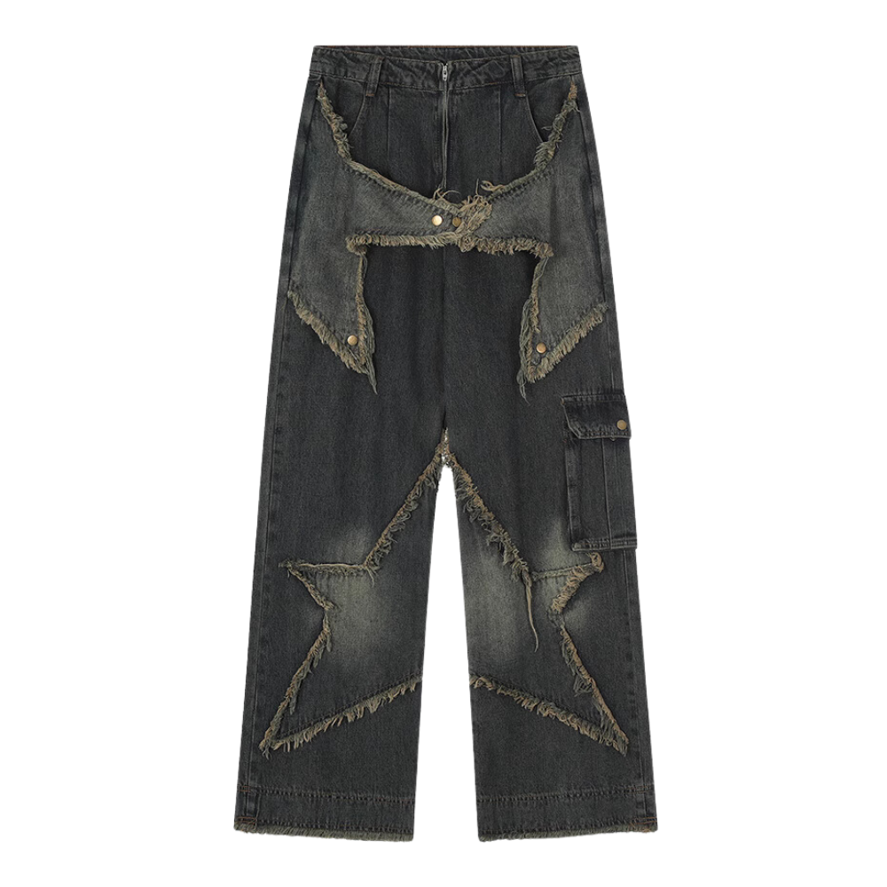 High Street Pentagram Patched Raw Edge Jeans