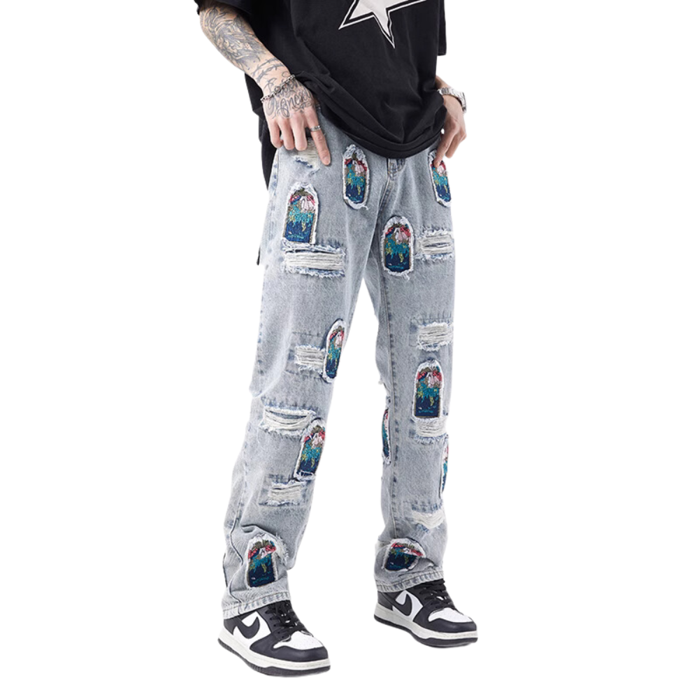 High Street Patch Embroidery Ripped Jeans