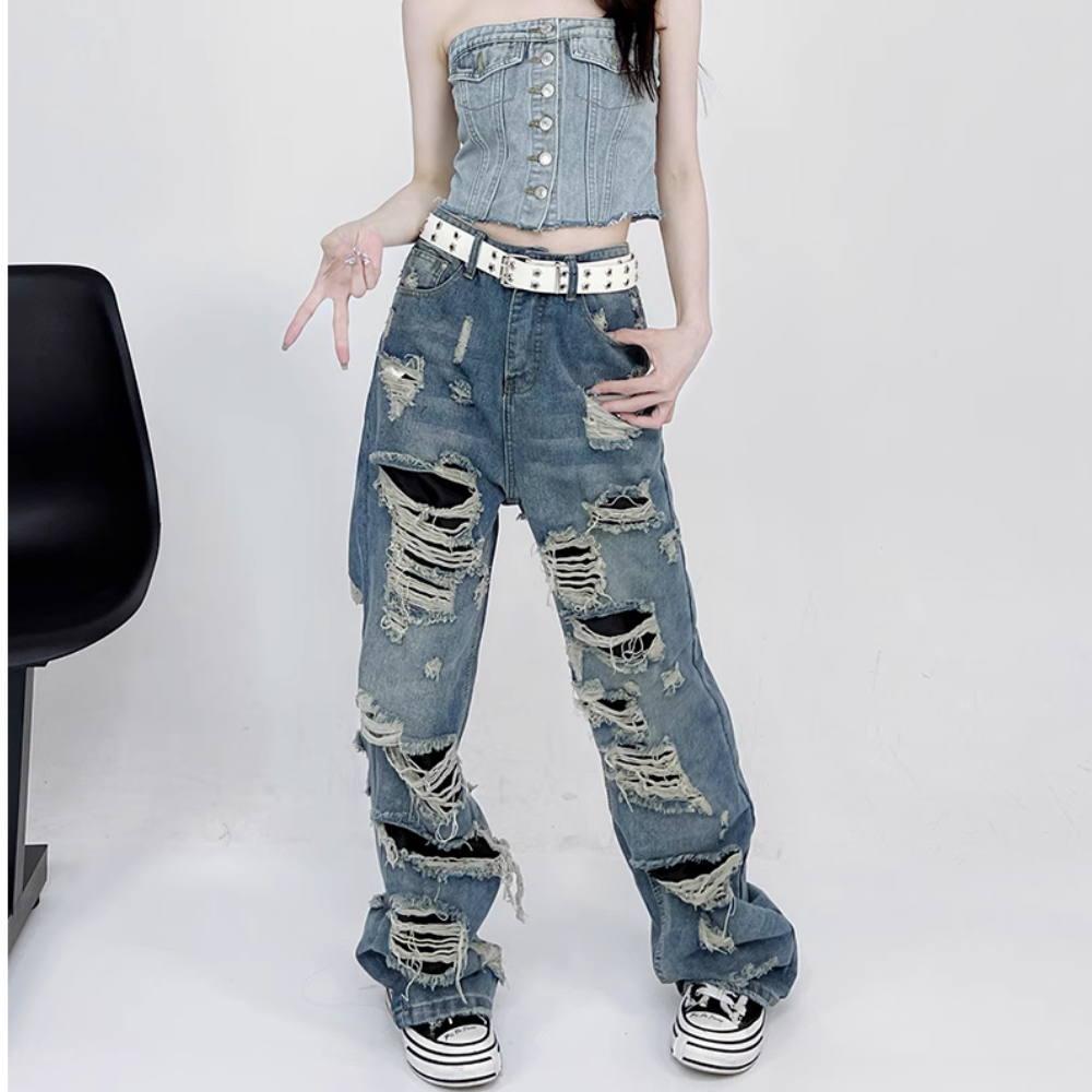 American high street holes design loose straight Jeans