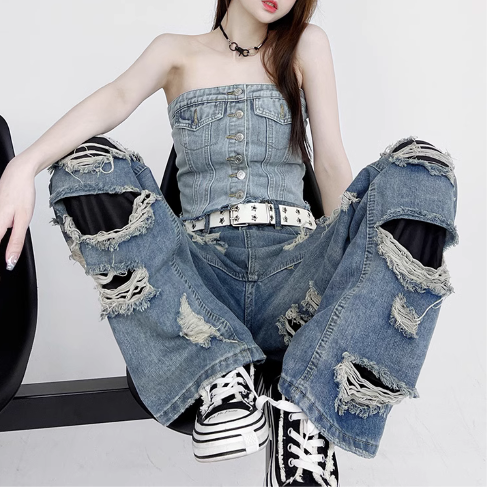 American high street holes design loose straight Jeans