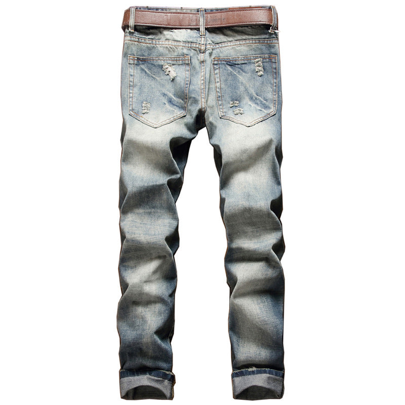 Men's Slim Fit Straight Badge Distressed Ripped Jeans