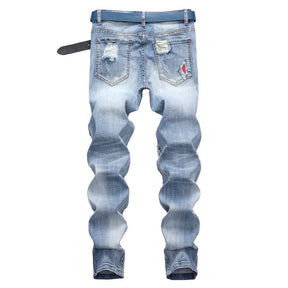 Men's Straight Denim Pants Ripped Biker Jeans