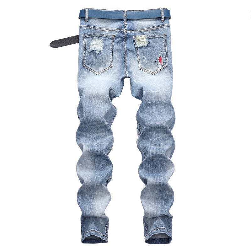 Men's Straight Denim Pants Ripped Biker Jeans