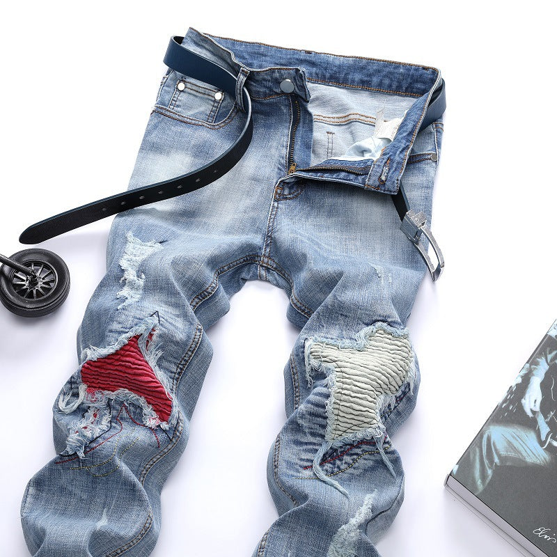 Men's Straight Denim Pants Ripped Biker Jeans