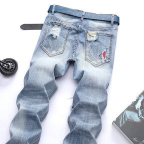 Men's Straight Denim Pants Ripped Biker Jeans