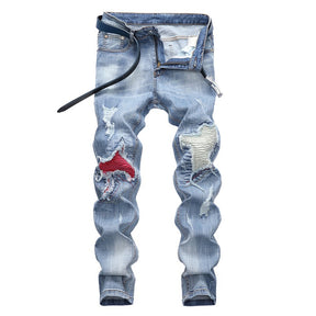 Men's Straight Denim Pants Ripped Biker Jeans