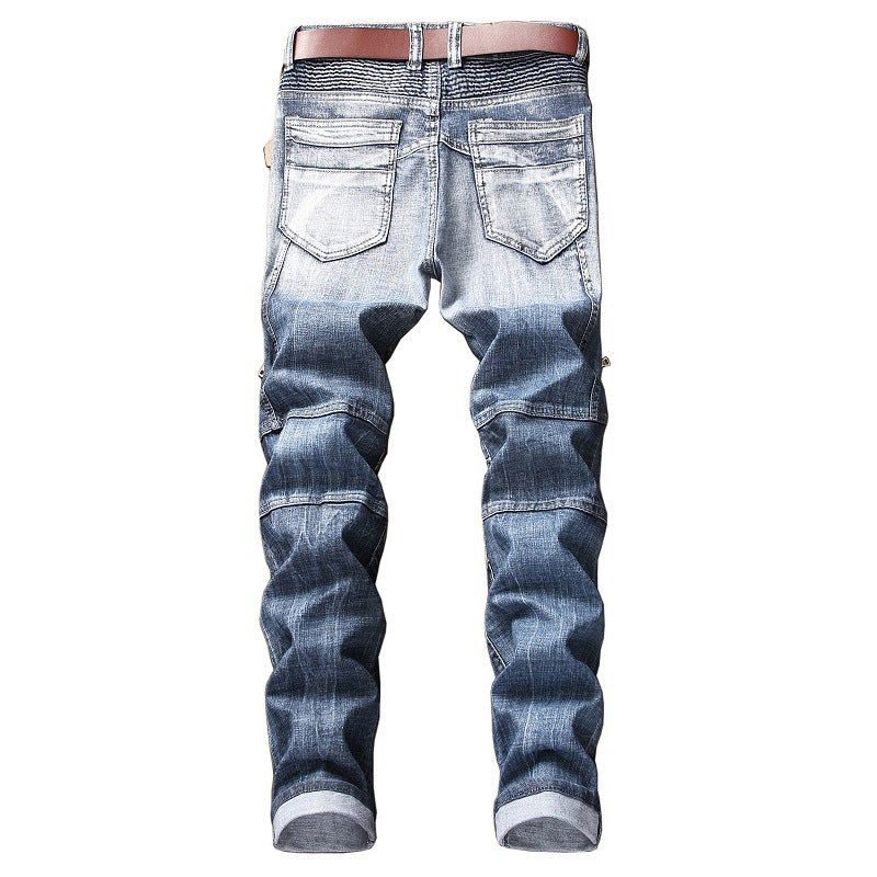 Men's Streetwear Pleated Ripped Biker Jeans