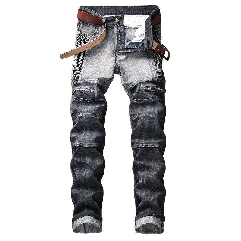 Men's Streetwear Pleated Ripped Biker Jeans