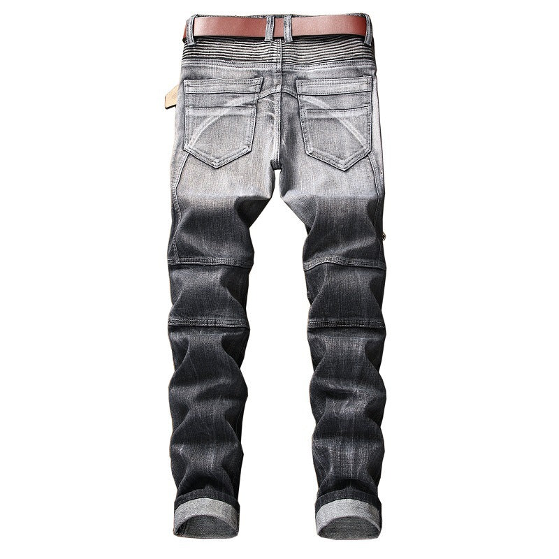 Men's Streetwear Pleated Ripped Biker Jeans