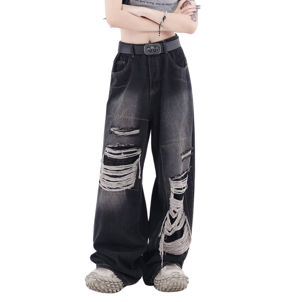 American High Street Loose Straight Patch Ripped Jeans