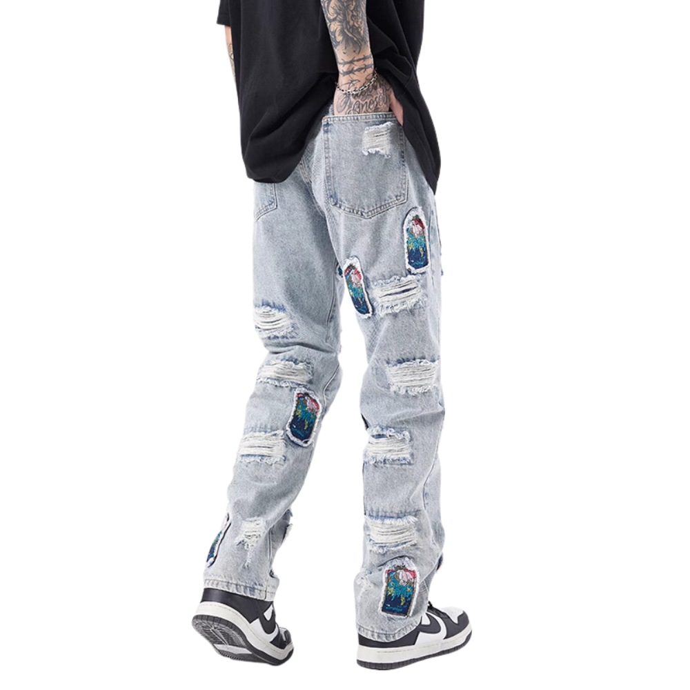 High Street Patch Embroidery Ripped Jeans