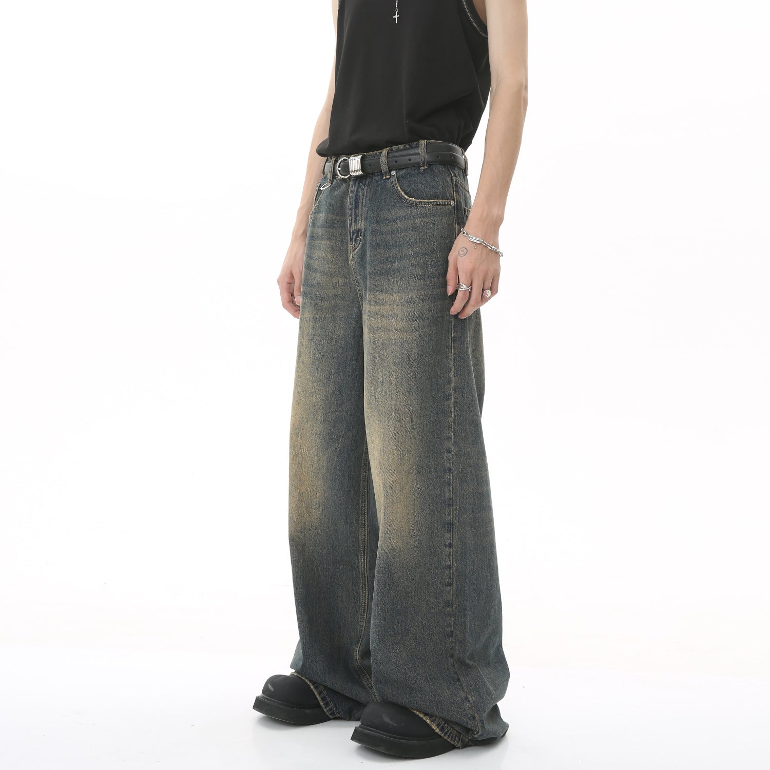 New Vintage Distressed Loose Wide-Leg Floor-Length Jeans