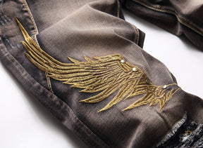 Men's Street Jeans Embroidered Wings Denim Trousers