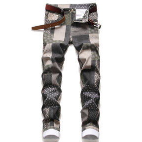 Colorful Personalized Fashion Print Stitching Plaid Stretch Small Straight Street Fashion Jeans