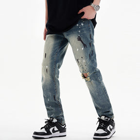 Men's Casual High Street Ins Trend Splash Ink Graffiti Retro Straight Ripped Jeans