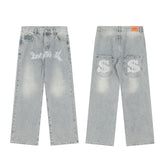 Loose High Street Brand Dark Letter Printed Casual Straight Jeans