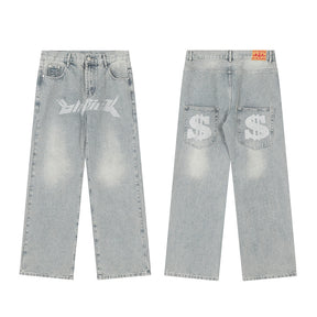 Loose High Street Brand Dark Letter Printed Casual Straight Jeans