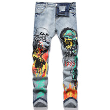 Men's Street Fashion Nostalgic Printed Embroidered Patch Slim Fit Jeans