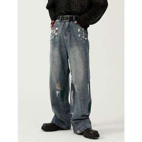 Men's Ripped Slim Fit Wide Leg Jeans